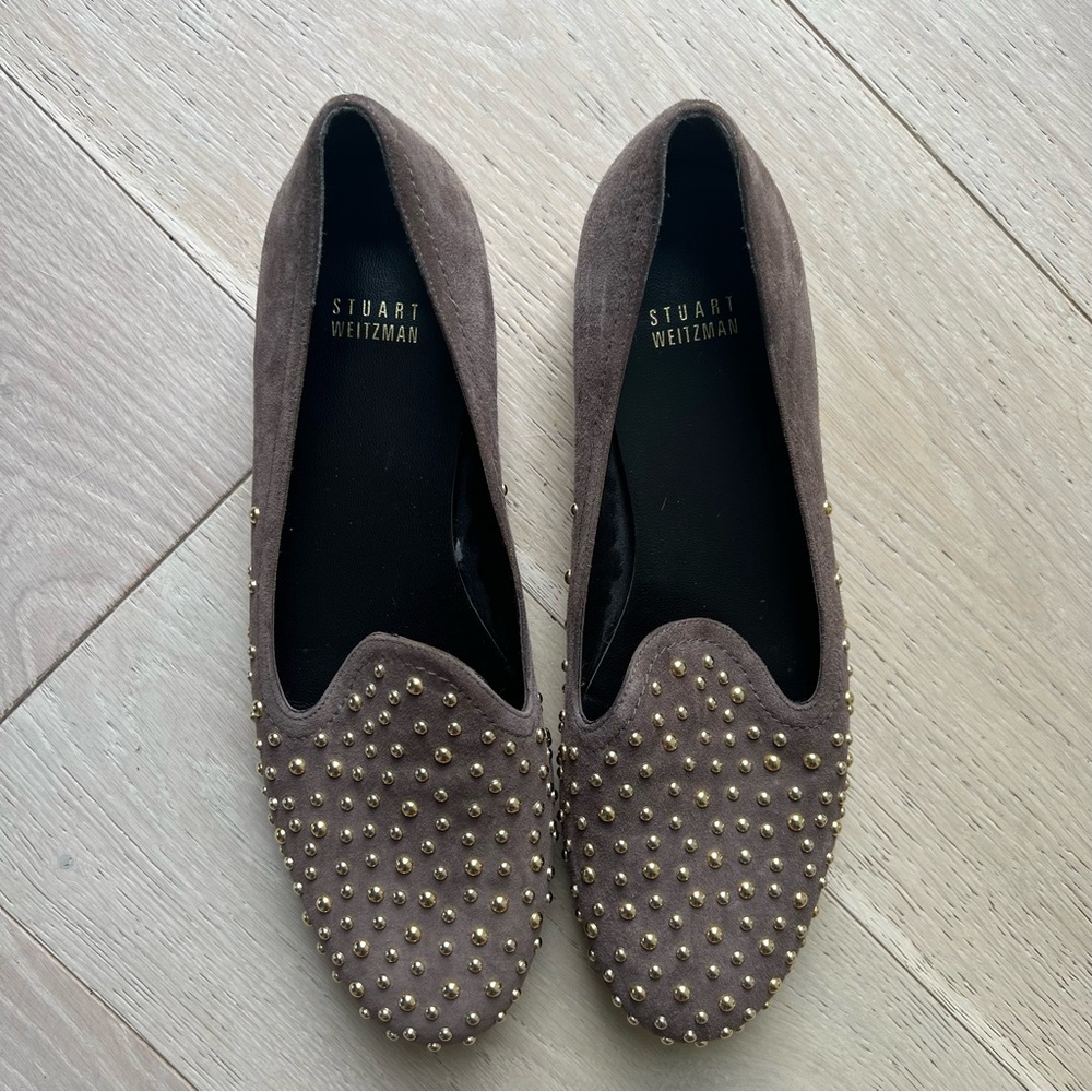 Stuart Weitzman Brown Gold Studded Flats